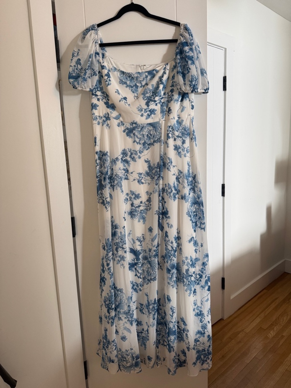 After Six White Maxi Dress with Blue Floral Print and Puff Sleeves